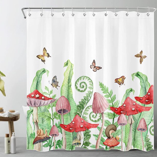 SPXUBZ Red Mushroom Shower Curtain Butterfly in Green Plant Shower