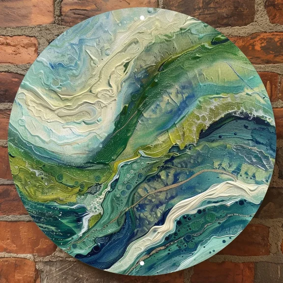 HELLOYOUNG Circular Abstract Ocean Wave Metal Wall Art, Green Blue Turquoise Modern Coastal Decor for Living Room Bedroom, Rustproof Wall Sculpture
