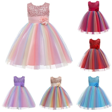 

Girl Sequin Rainbow Tulle Wedding Party Dresses Bridesmaid Birthday Pageant Ball Gowns Colorful Sleeveless Dress
