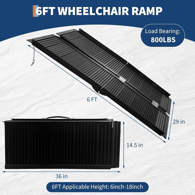 OUYAWEI 6FT Wheelchair Ramp with Handle Non-Slip Aluminum Folding 800 LBS Threshold Home Doorway Black