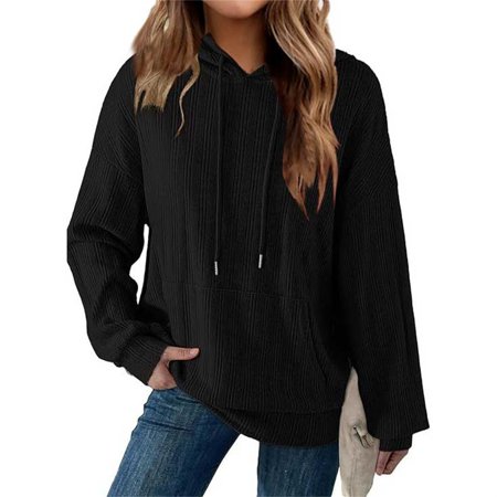 Clothing 2025 Sweatshirts for Women 2025 Hoodies for Casual Long Sleeve Textured Knit Loose Drawstring Hooded Sweatshirt with Pocket Womens Plus Size Sweatshirts Black M