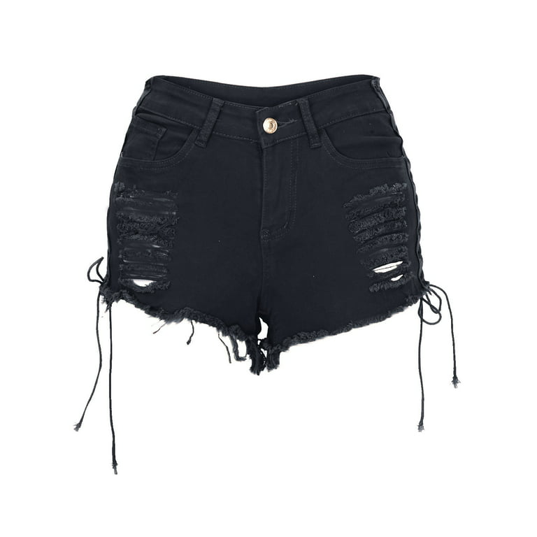 Women's Lace Up Ripped Hole Denim Shorts Mid Rise Side Straps Sexy Mini Hot  Pants Stretchy Bandage Jean Shorts 