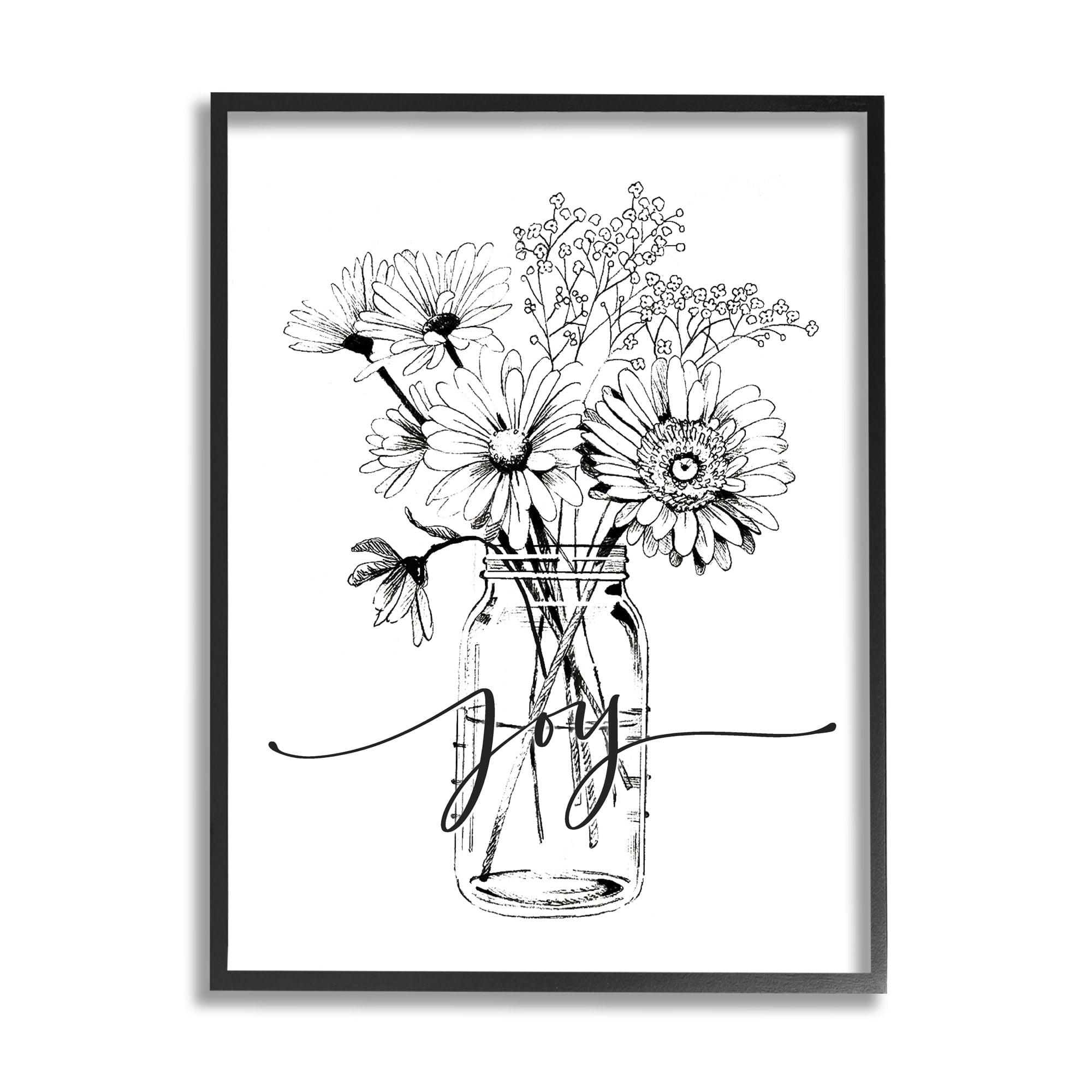 Stupell Industries Joy Text Daisies Bouquet Detailed Line Design Graphic Art Gray Framed Art Print Wall Art, Design by Lettered and Lined