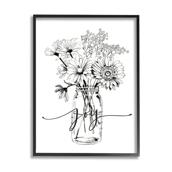 Stupell Industries Joy Text Daisies Bouquet Detailed Line Design Graphic Art Black Framed Art Print Wall Art, Design by Lettered and Lined