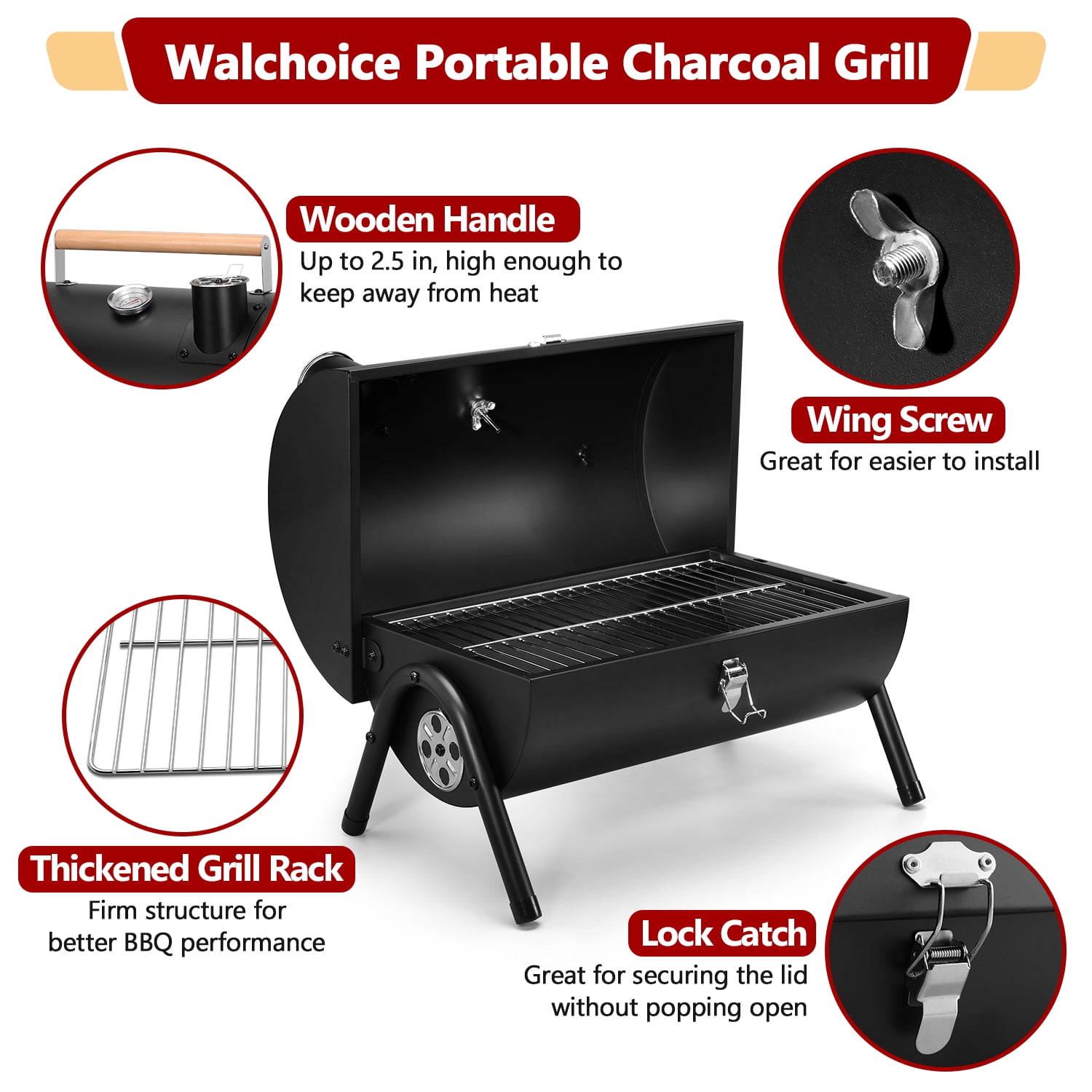 Walchoice Tabletop Charcoal Grill with Thermometer & Chimney, Small Portable Barbecue Grill for Outdoor Cooking Camping Picnic Backyard Beach - Black