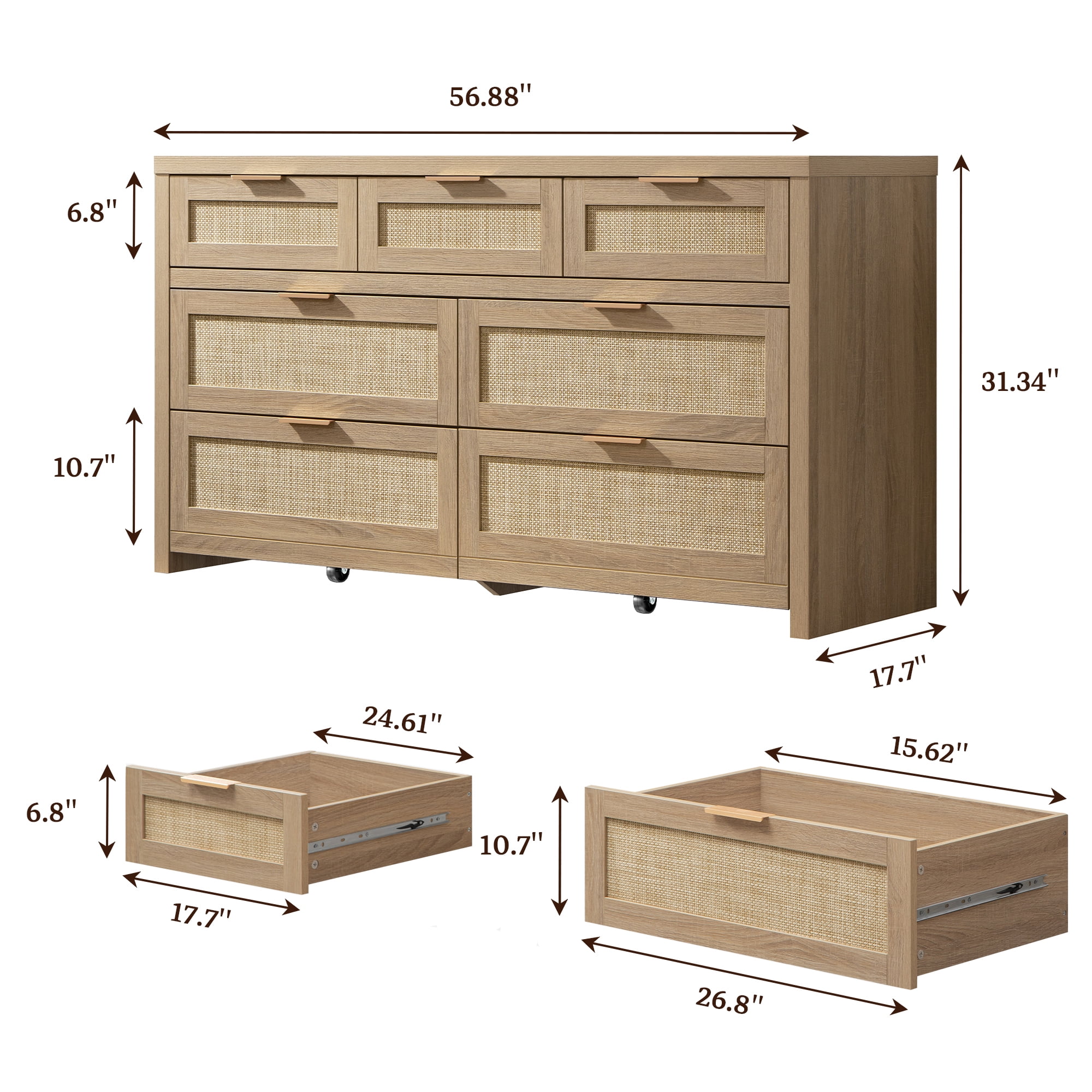 SICOTAS 56.88" Wide 7 Drawer Tall Dressers, Boho Dresser with Oversized Storage Space Rattan Dressers & Chests of Drawer Engineered Wooden Dressers for Bedroom,Reclaimed Light Oak