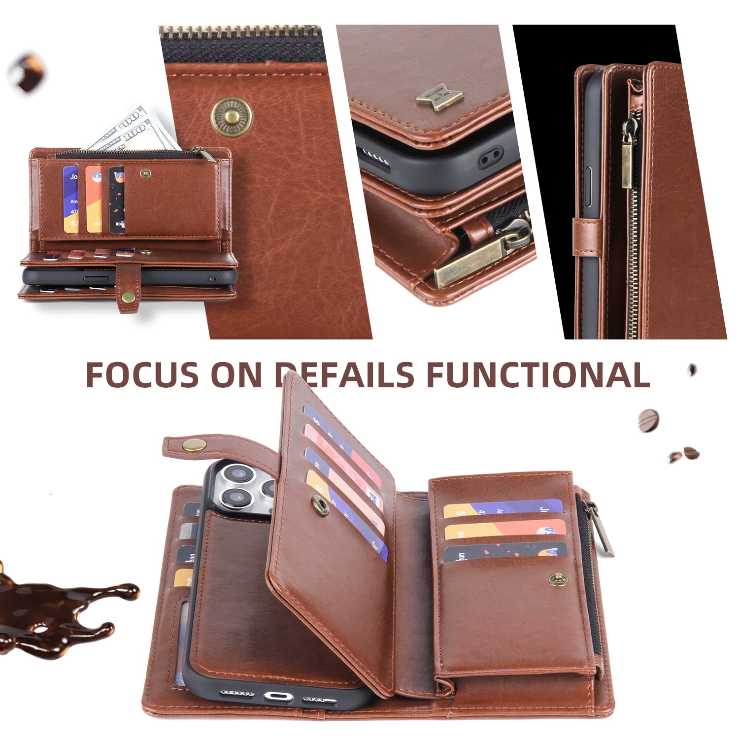 2 In 1 Wallet Phone Case for Apple iPhone 13 Pro Max, Detachable Magnetic Back Cover with Cards Holder Zipper Pocket Hand Wrist RFID Blocking Snap Closure Shockproof Case for iPhone 13 Pro Max, Brown