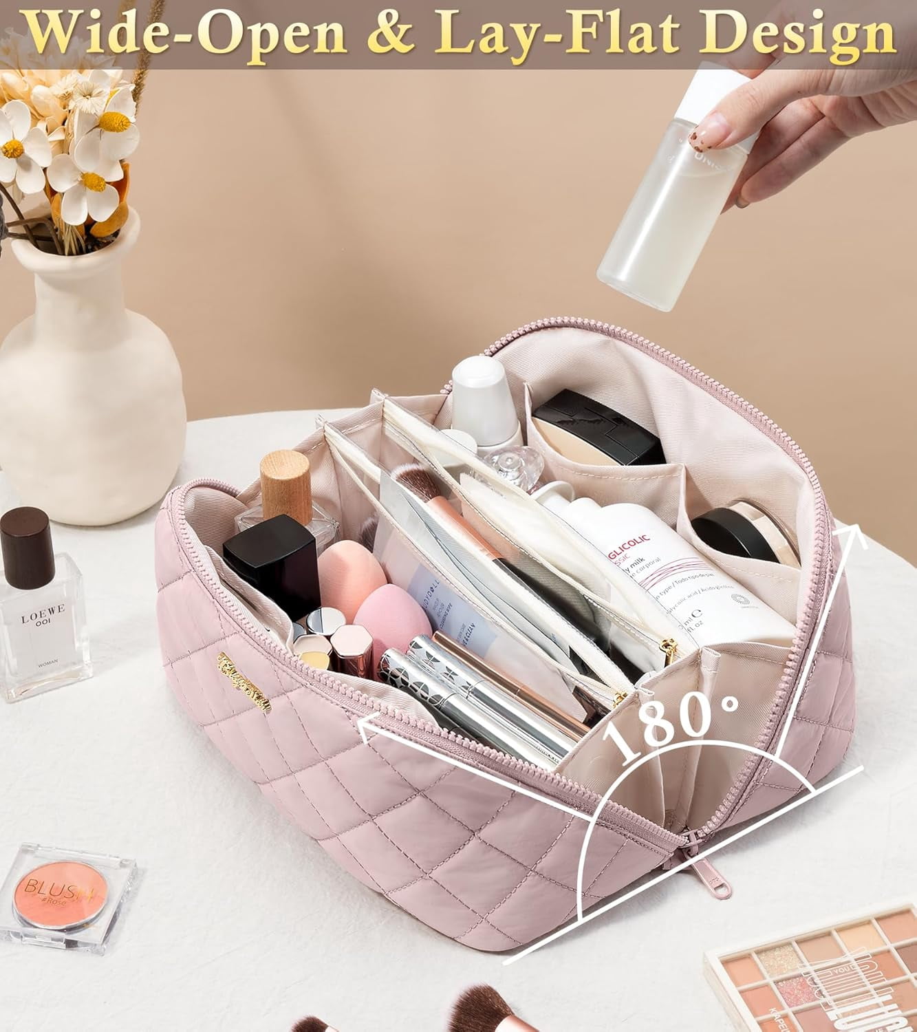 Travel Makeup Bag, 3 Pcs Large acity Puffy Toiletry Bag for Women, Open Flat Make up Cosmetic Organizer w/Handle & Clear Divider Water-resistant Portable Pouch Travel Essentials, L-Light Pink