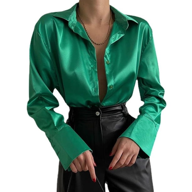 Camisa holgada con cuello de Polo para mujer, blusa de oficina Vintage, azul y verde, Tops de moda negros con botones, otoño