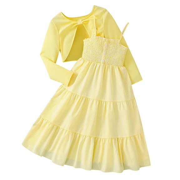 SuTry Girls Bow Sundress and Cardigan Set Long Sleeve Dress 2 Piece Outfit Fall Spring Stylish Casual for Kids 8-12 Years(Yellow,8-9 Years)