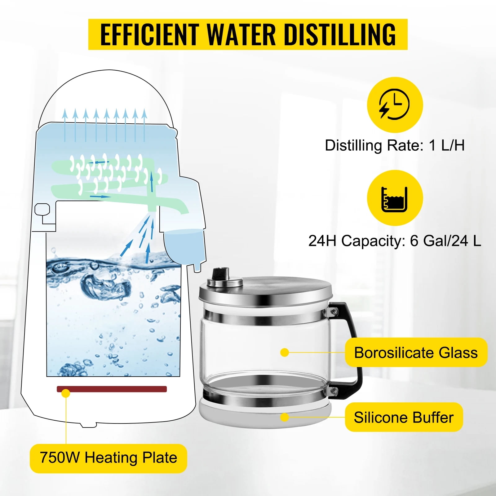 1.1 Gallon/4L Water Distiller Countertop 750W 304 Stainless Steel Distilled Water Maker Machine with Glass Carafe, Home Pure Clean Water Device