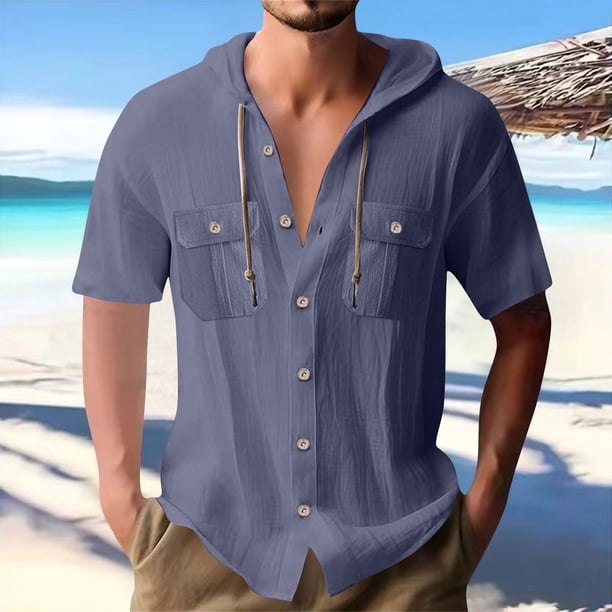 pstuiky camisetas para hombre, Blusa informal de manga corta con capucha, botones y bolsillo con cordón de color sólido para hombre. camisetas de hombre xl