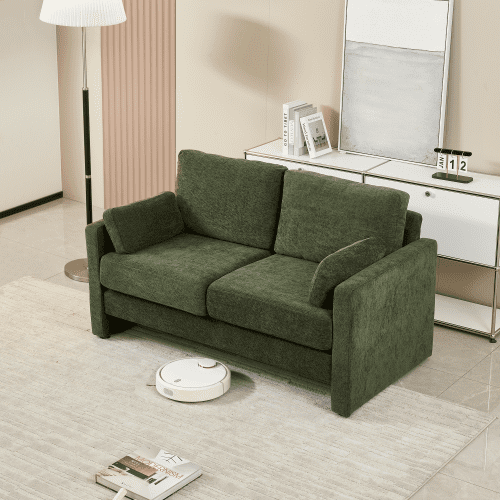 BSHTI 58.66" Small Modern Loveseat Sofa, Mid Century Chenille Fabric 2-Seat Couch Love Seat with Back Cushions, for Living Room, Bedroom and Small Space,Green