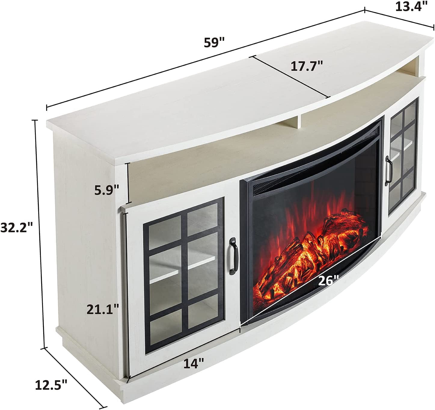 Merluxy TV Stand with 26" Fireplace, 63" Entertainment Center with Fireplace, Distressed White