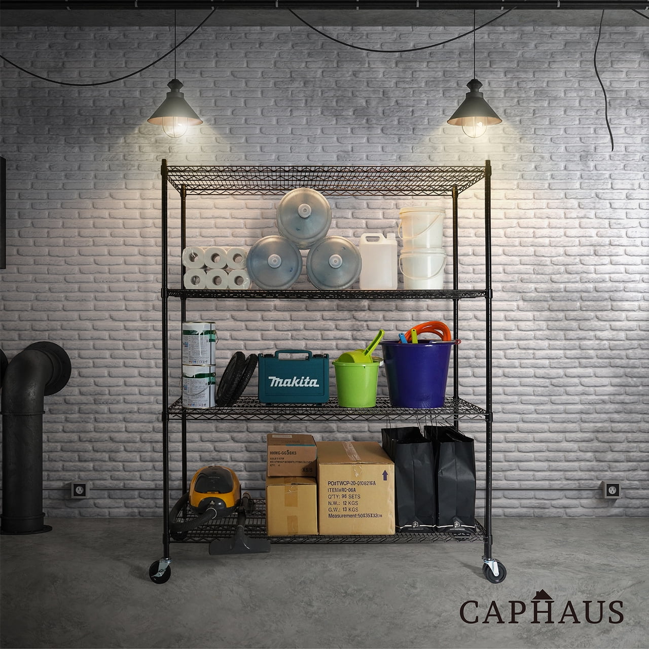 CAPHAUS 4-Tier Commercial Grade Heavy Duty Adjustable Height Wire Shelving w/ Wheels & Leveling Feet, Storage Metal Steel Shelf, Garage Shelving Storage, Utility Wire Rack Storage Shelving Unit
