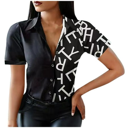 

Workout Tops for Women Going Out Tops for Women Fashion Women s Summer Print V-Neck Button Casual Short Sleeve Blouse Shirts Western Shirts for Women Clearance Workout Shirts for Women Black 2XL