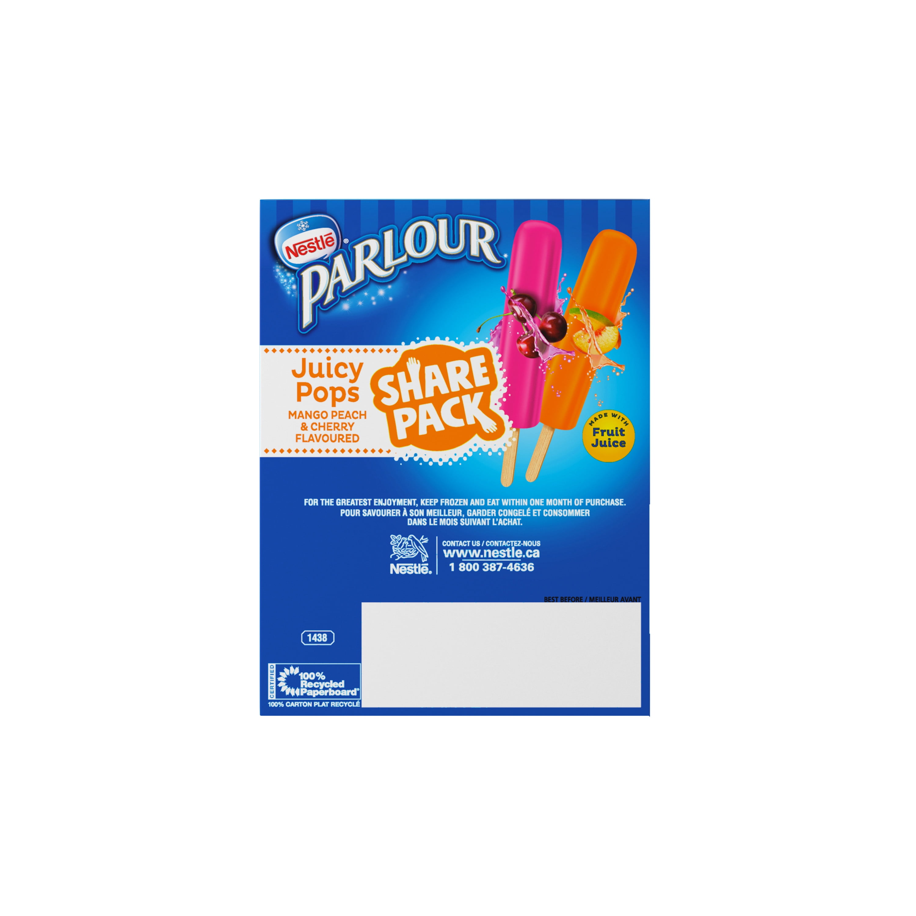 Juicy Pops, Mango Peach and Cherry Flavoured Frozen Ice Pops, Made With Fruit Juice, 60 Calories Per Serving, No Artificial Colours, No Artificial Flavours, Share Pack, 1.3 L