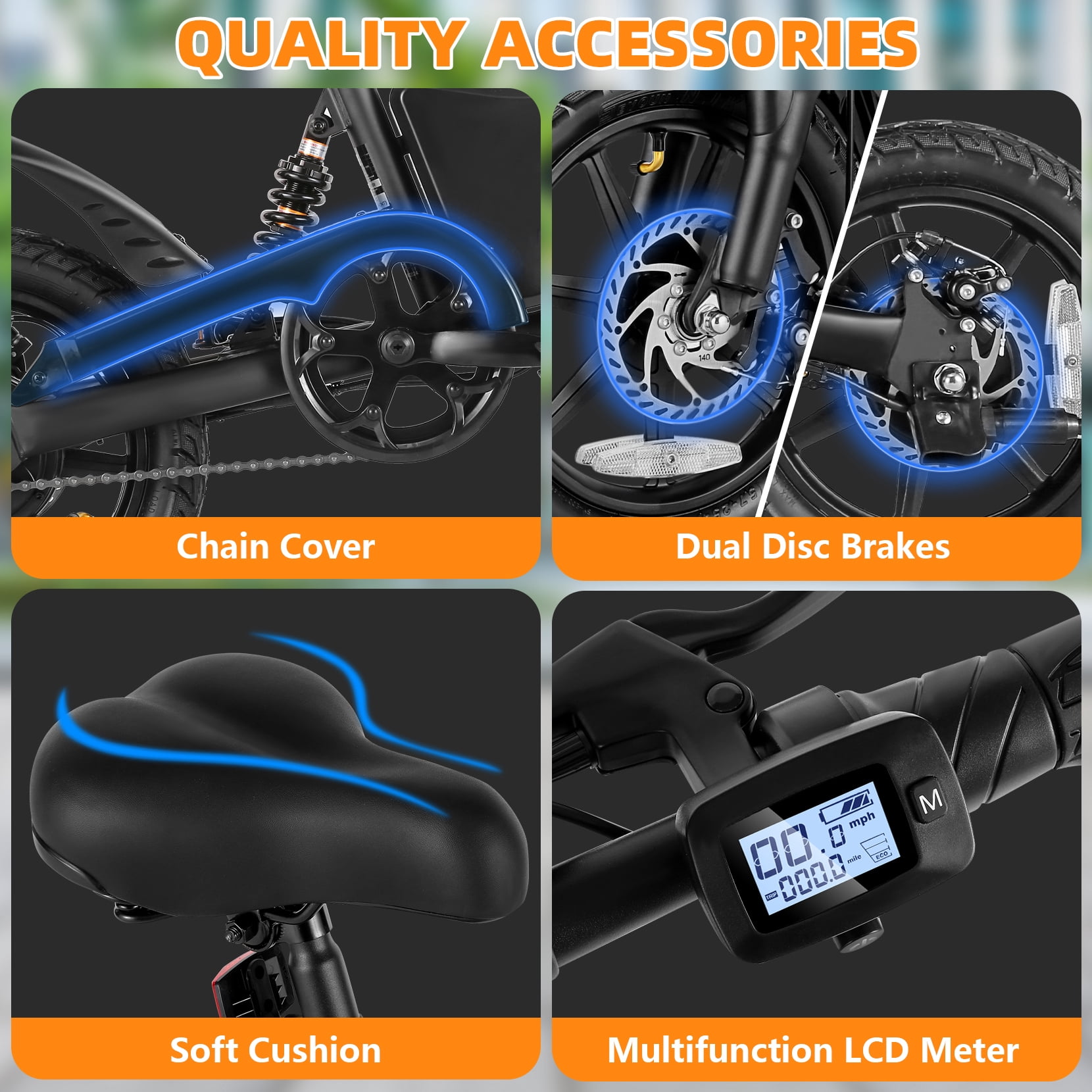 Elifine 350W Foldable Electric Bike for Adults, 14" Small E-Bike, LCD, Full Suspension, 48V 7.8Ah Electric Cycle for Adult UL 2849