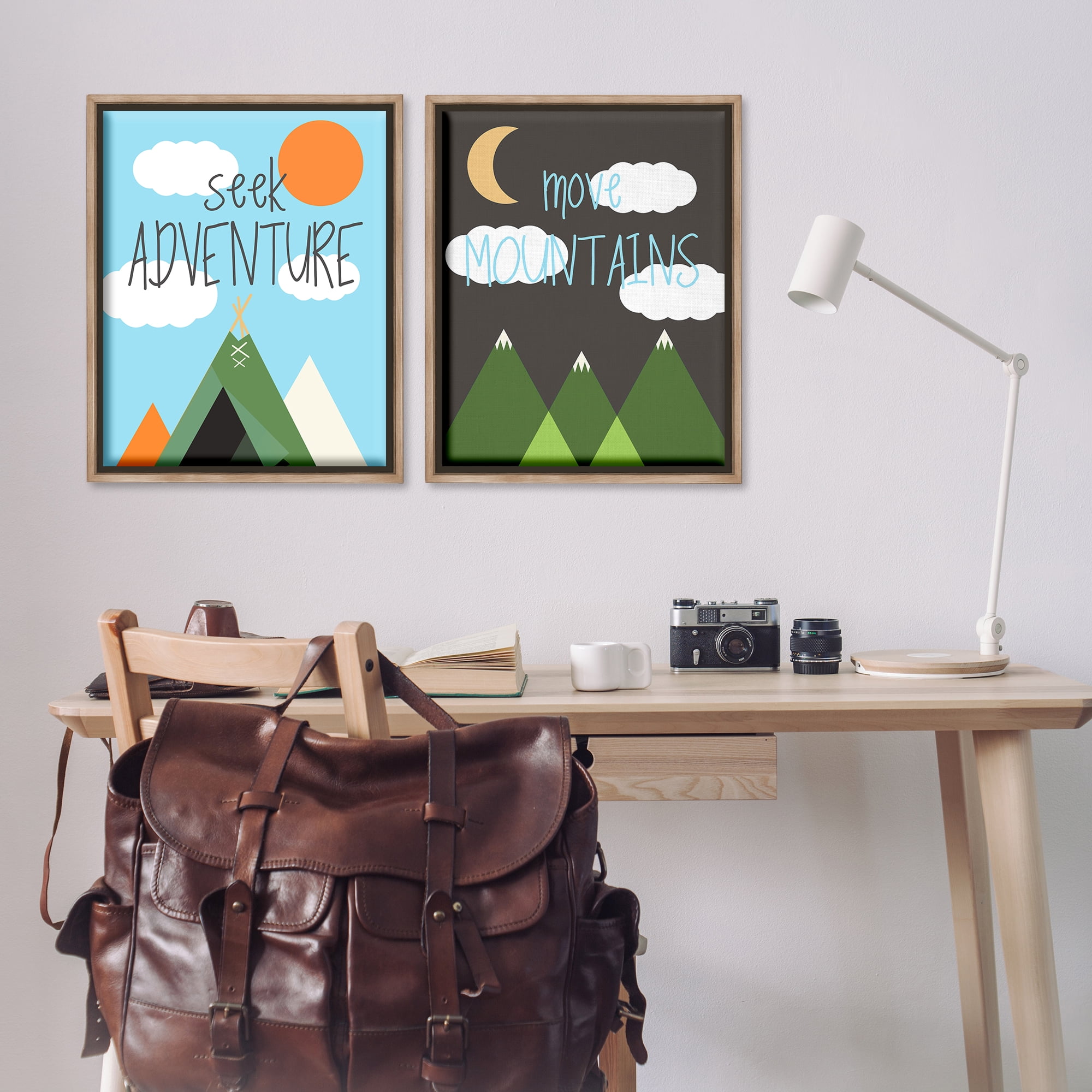 Stupell Industries Seek Adventure Move Mountains Text & Numbers Painting Brown Floater Framed Canvas Art Print Wall Art, 31 x 25, Set of 2