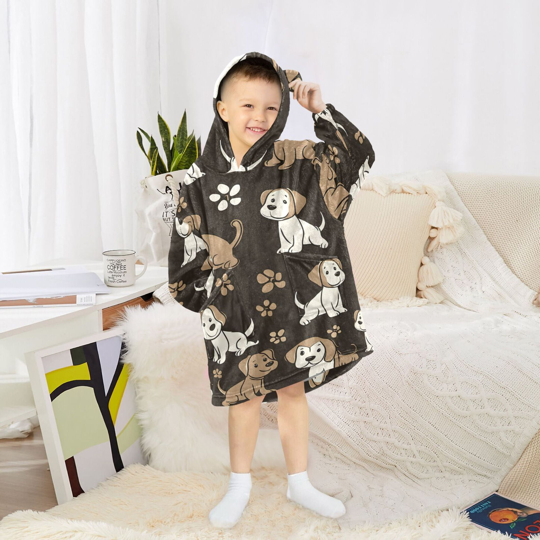joogoo Wearable Blanket Hoodie for Kids Dogs Cute Footprint Flannel Oversized Sweatshirt 3-14 Years S