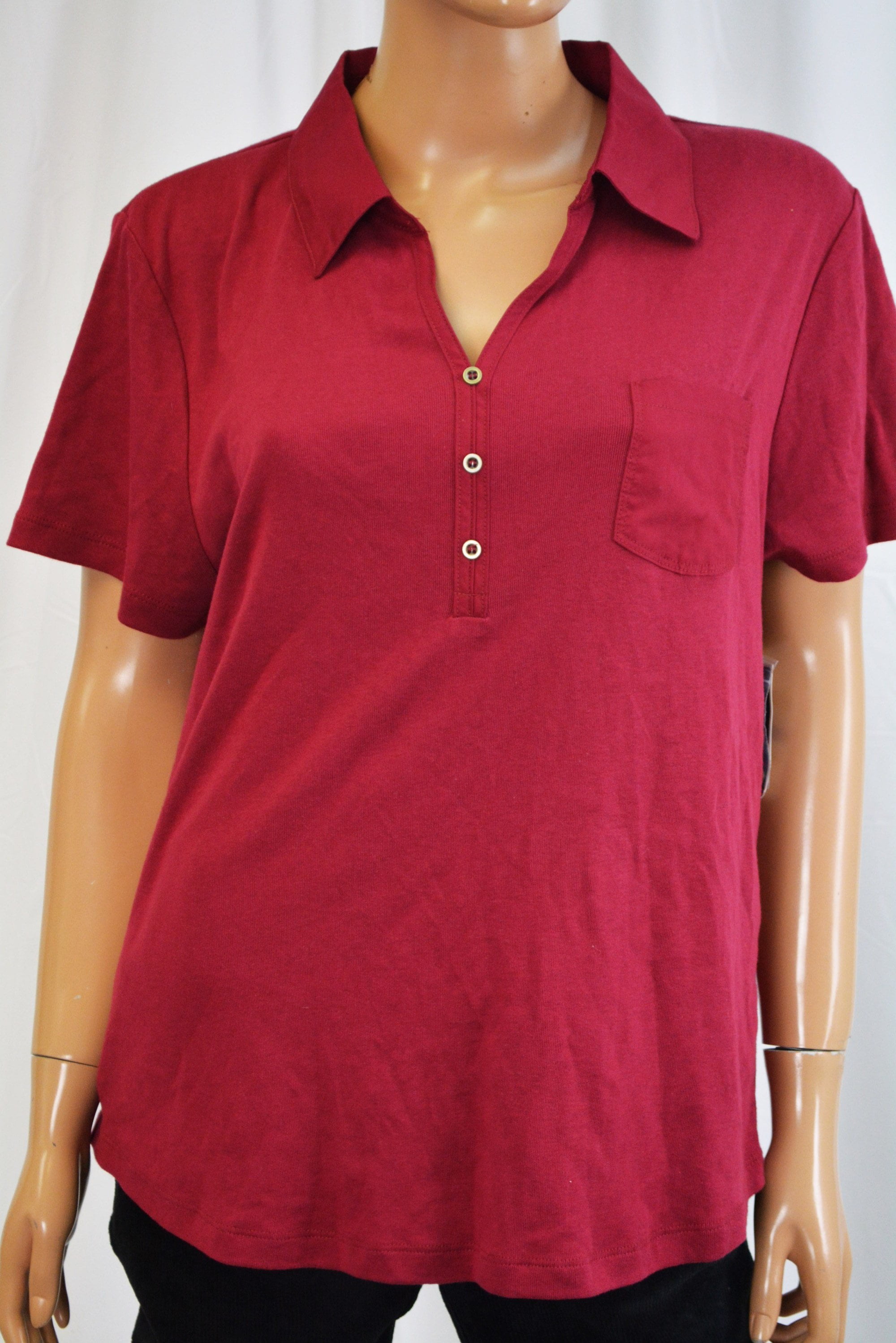 Karen Scott Women's Henley Collar Cotton Red Polo Blouse Top XL ...