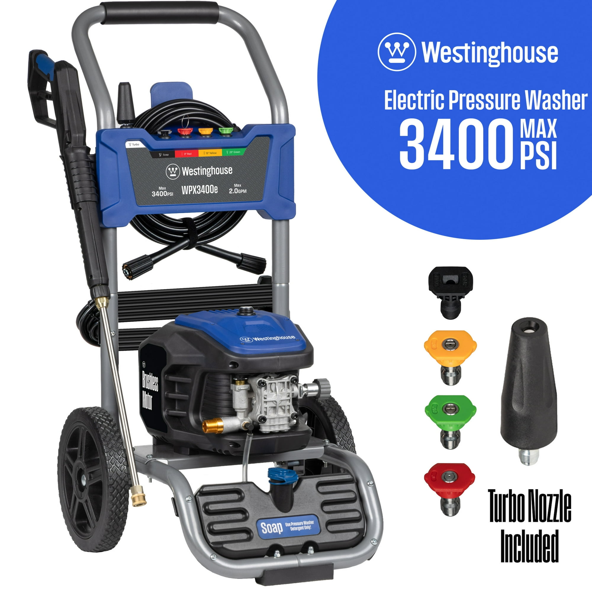 Westinghouse 3400 Max PSI, 2.0 Max GPM Electric Pressure Washer with Brushless Motor, 5 Nozzles & Soap Tank