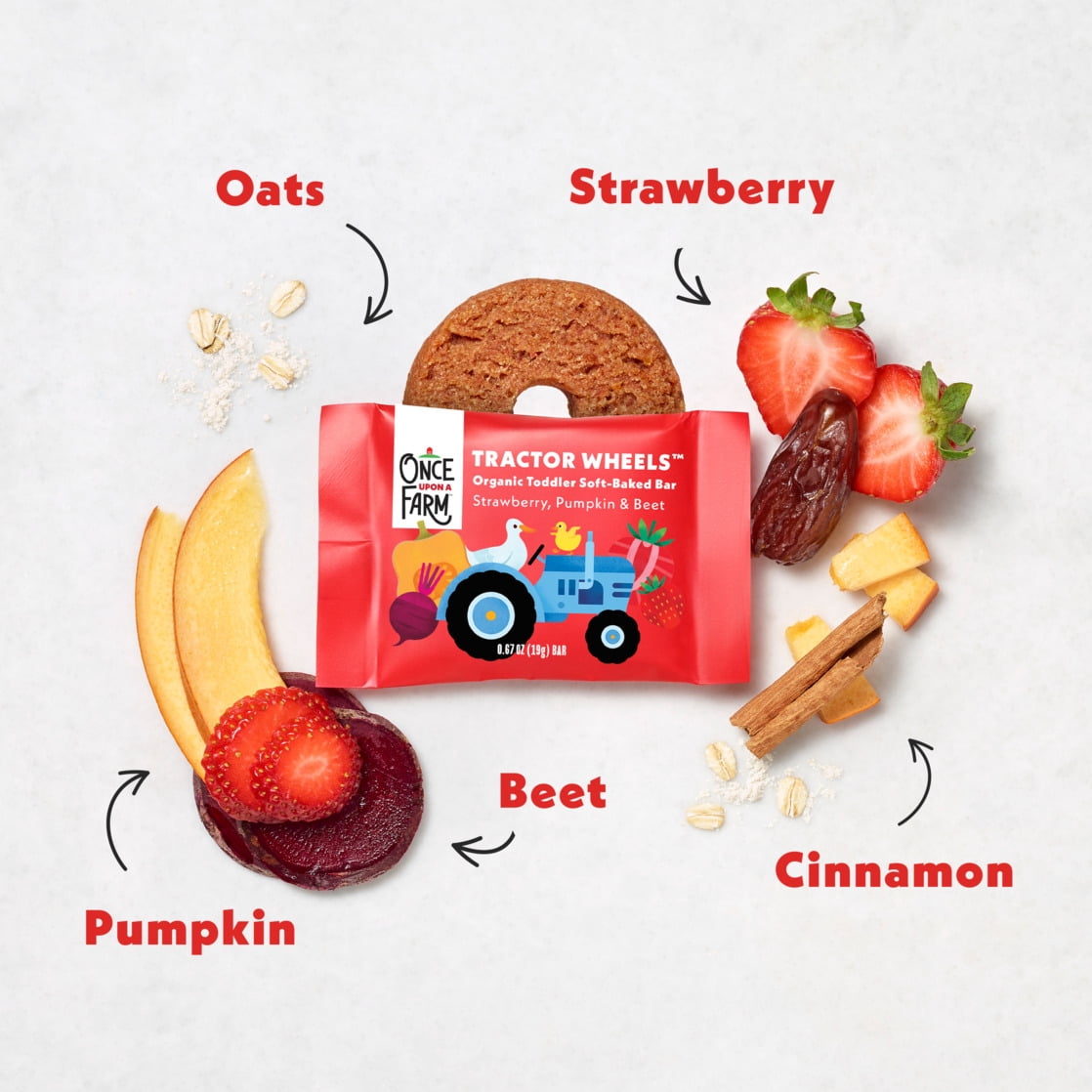 Once Upon a Farm Organic Tractor Wheels Toddler Bar, Strawberry, Pumpkin & Beet, 5ct