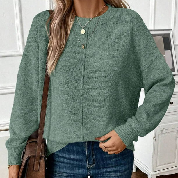 Suéter de cuello redondo para mujer, informal, liso, tejido, holgado, de manga larga, con cuello redondo, blusa