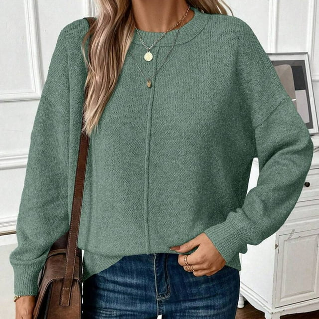 Suéter de cuello redondo para mujer, informal, liso, tejido, holgado, de manga larga, con cuello redondo, blusa