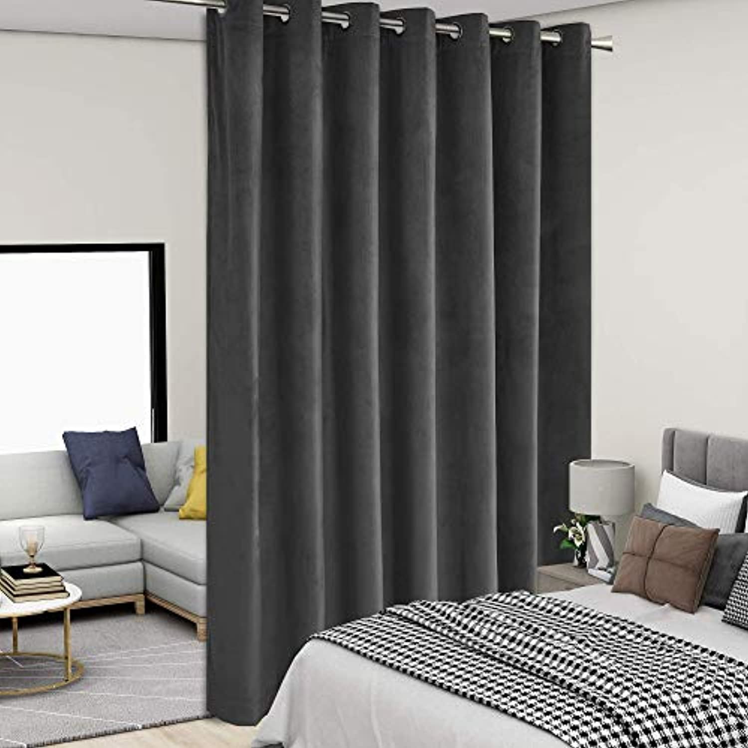 Velvet Room Divider Curtains, 8.3ft Wide x 7ft Tall, Dark Grey 1 Panel