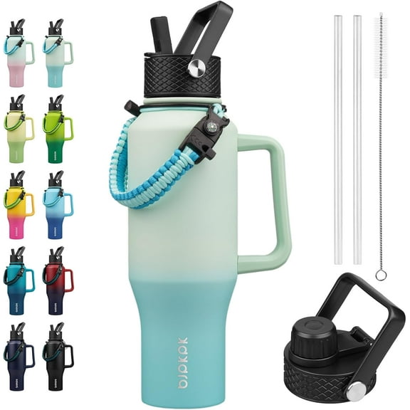 Insulated Water Bottles with Straw Lid, 35oz Metal Water Bottle with 2 lids & Paracord Strap, Double Wall Stainless Steel Tumbler with Handle, Reusable Cups, Mugs, , Mint