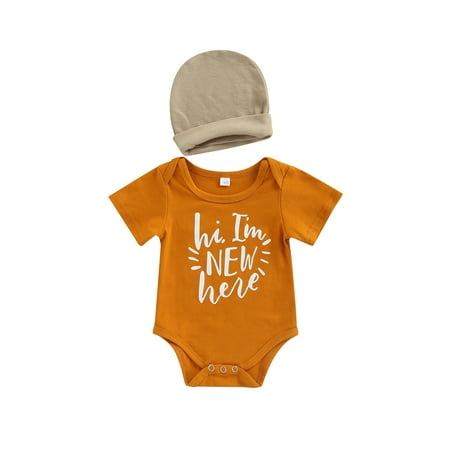 

Infant Baby Girls Boys Romper Letter Print Short Sleeve Bodysuit Summer One-Piece Clothes with Hat