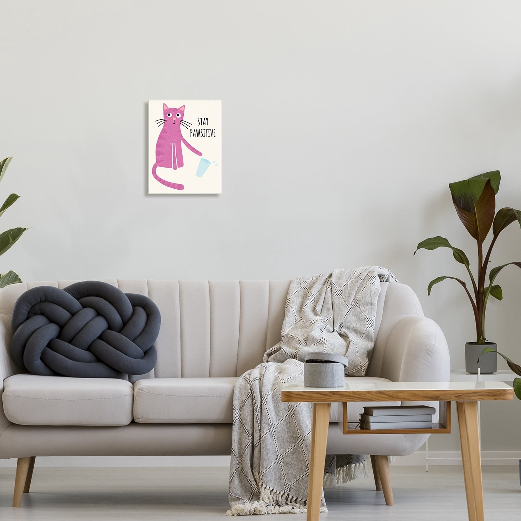 Stupell Industries Stay Pawsitive Endearing Pink Cat Knocking Over Glass Graphic Art Unframed Art Print Wall Art, Design by Jennifer Wambach