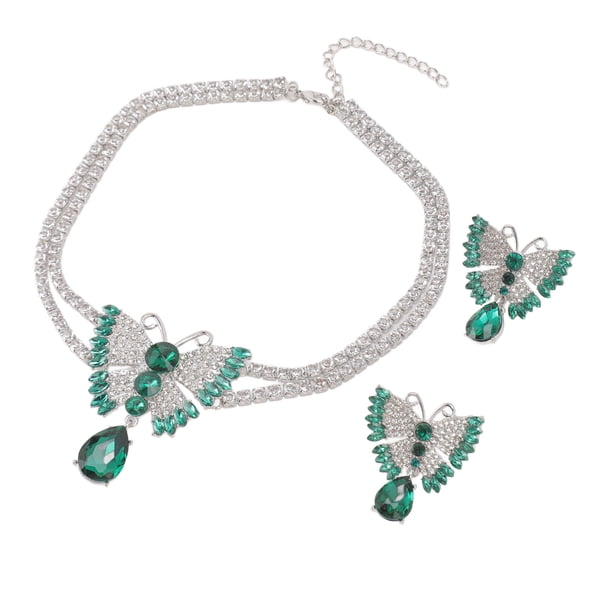 Juego De Aretes Y Collar Con Colgante De Mariposa, Conjunto De Aretes Y Collar Con Mariposas De Diamantes De Imitación De Doble Capa, Elegante, Verde Brillante Y Blanco Para Bodas