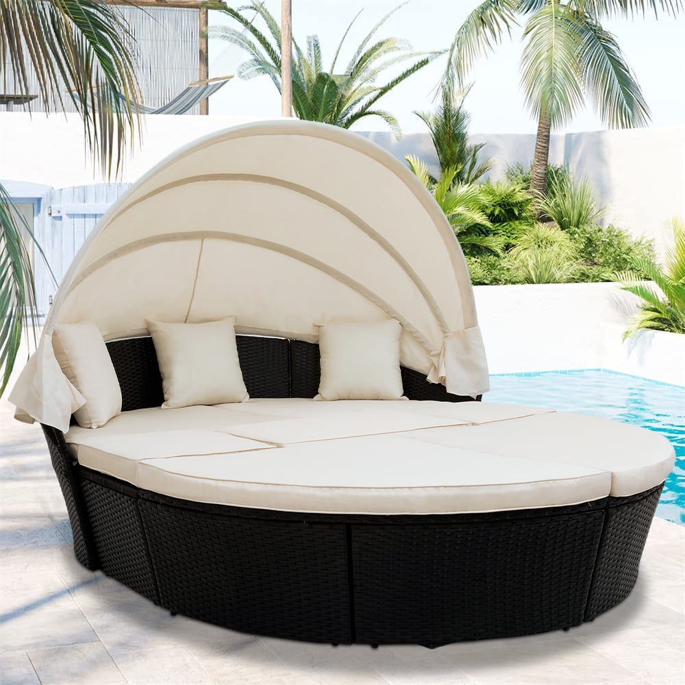 Tangkula Patio Round Daybed with Retractable Canopy Rattan Conversation Sets Sectional Sofa Set w/Height Adjustable Coffee Table Outdoor Wicker Rattan Furniture Sets Black 