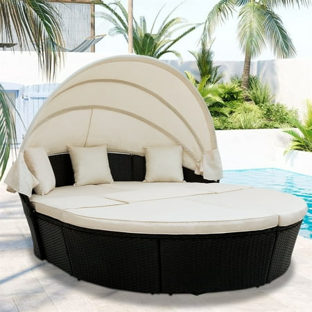 Wicker Patio Sets 7 Piece Patio Furniture Sofa Set Round Wicker Daybed with Retractable Canopy Patio Conversation Set with Beige Cushions for Backyard Porch Garden Poolside LLL4327
