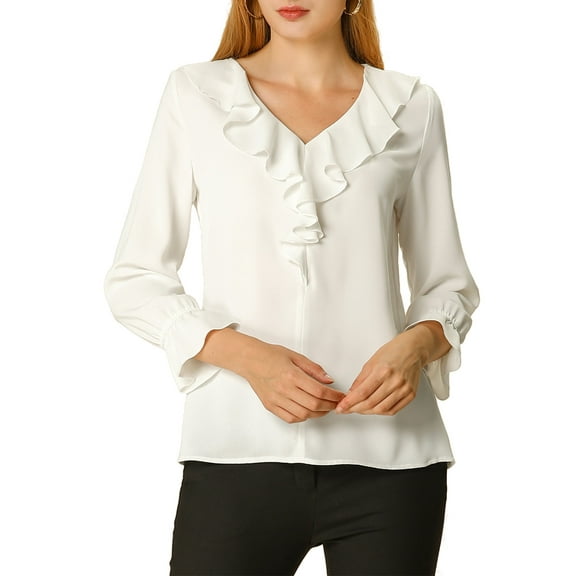 Unique Bargains Women's Ruffle V Neck Chiffon Work Office Peasant Blouse XS White