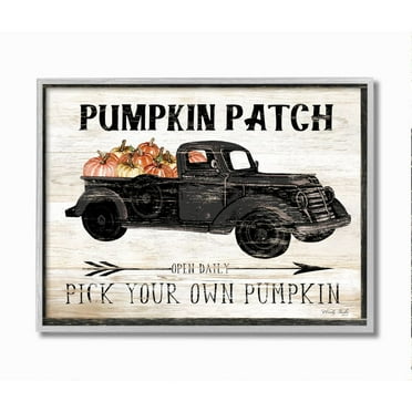 Stupell Industries Pumpkin Patch Farm Sign Fall Harvest Picking Framed Wall Art Design by Cindy Jacobs, 16" x 20", Gray Framed