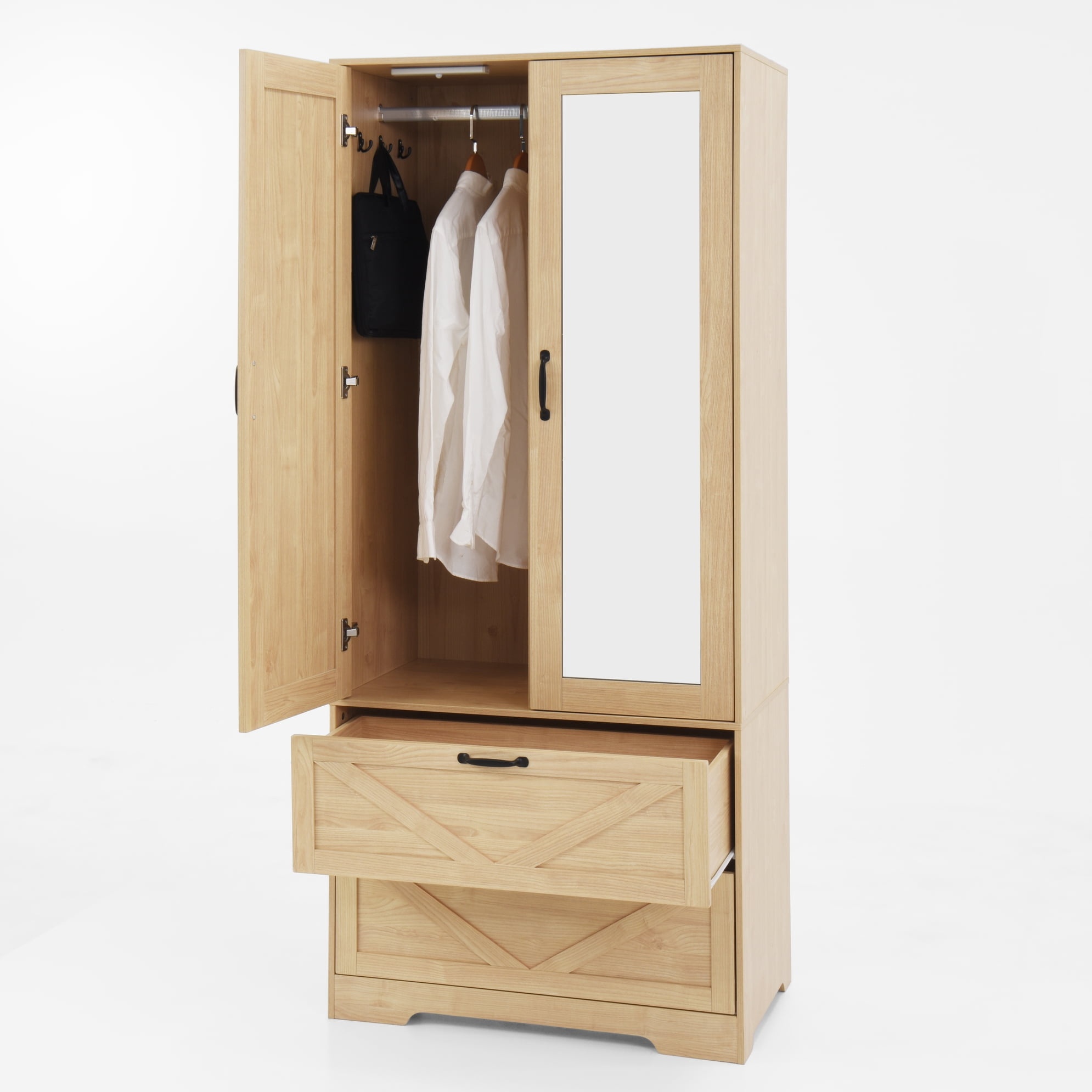 Noble House 2 Doors Wardrobe Closet with Mirror, Drawers and Hanging Rod, Natural