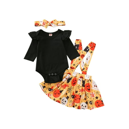 

Calsunbaby Kids Baby Girls Halloween Outfits Set Fly Sleeve Romper Pumpkin Spider Web Suspender Skirt Headband Black 12-18 Months
