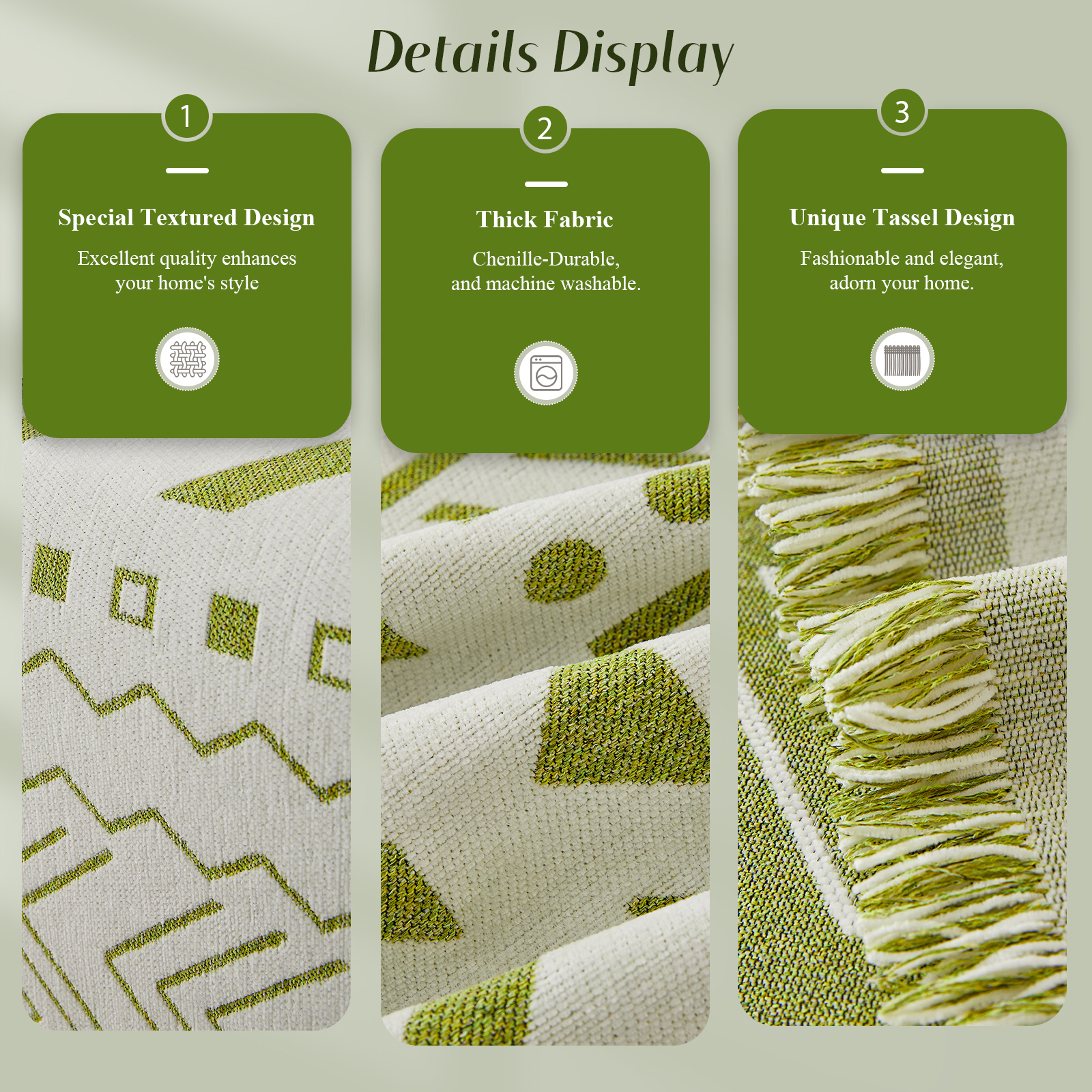 WOOW DEPOT Boho Chenille Sofa Cover Reversible w/ Tassel, Washable Throw Blanket L Shape Slipcover for 2 Cushion Couch, Sage Green & White Geometric, 71"x118"