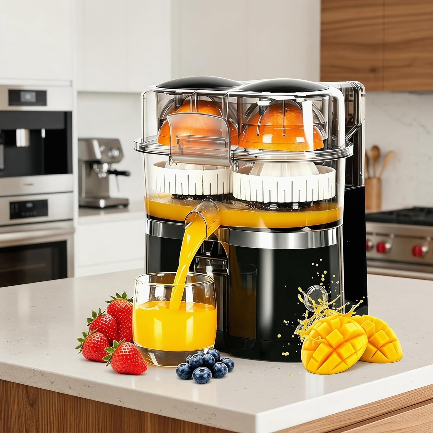 Dual-Head Automatic Citrus Juicer, Dual-Head Electric Citrus Juicer, Portable Lemon Squeezer Machine with Built-In Cutter and Cleaning Brush, One-Touch Squeezer for Orange & Lemon (#A)