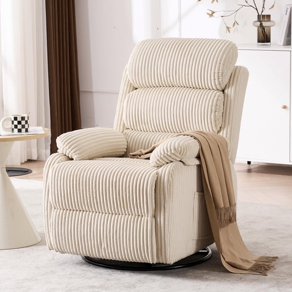 Swivel Rocking Recliner Chair With Side Storage Pocket And Footrest, Ergonomic Glider Single Sofa Armchair For Living Room And Bedroom, Modern Velvet Lounge Furniture, Beige, One Piece