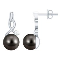 Rosec Jewels Tahitian Pearl Drop Earrings with Moissanite for Women (8 mm, AAA Grade), 14K White Gold