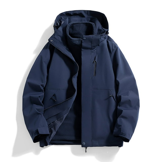LOVZFMLL Jackets for Men's Solid Color Hooded Three-in-one Detachable Multi-pocket Cardigan Relaxation Outdoors Zipper Overcoat Coat