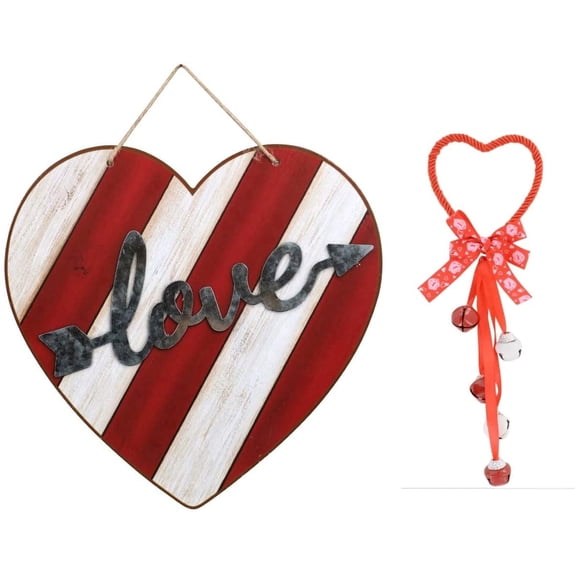 2-Piece Valentine’s Day Hanging Wall Decor Set Rustic Love Heart Sign & Heart Door Hanger with Bells