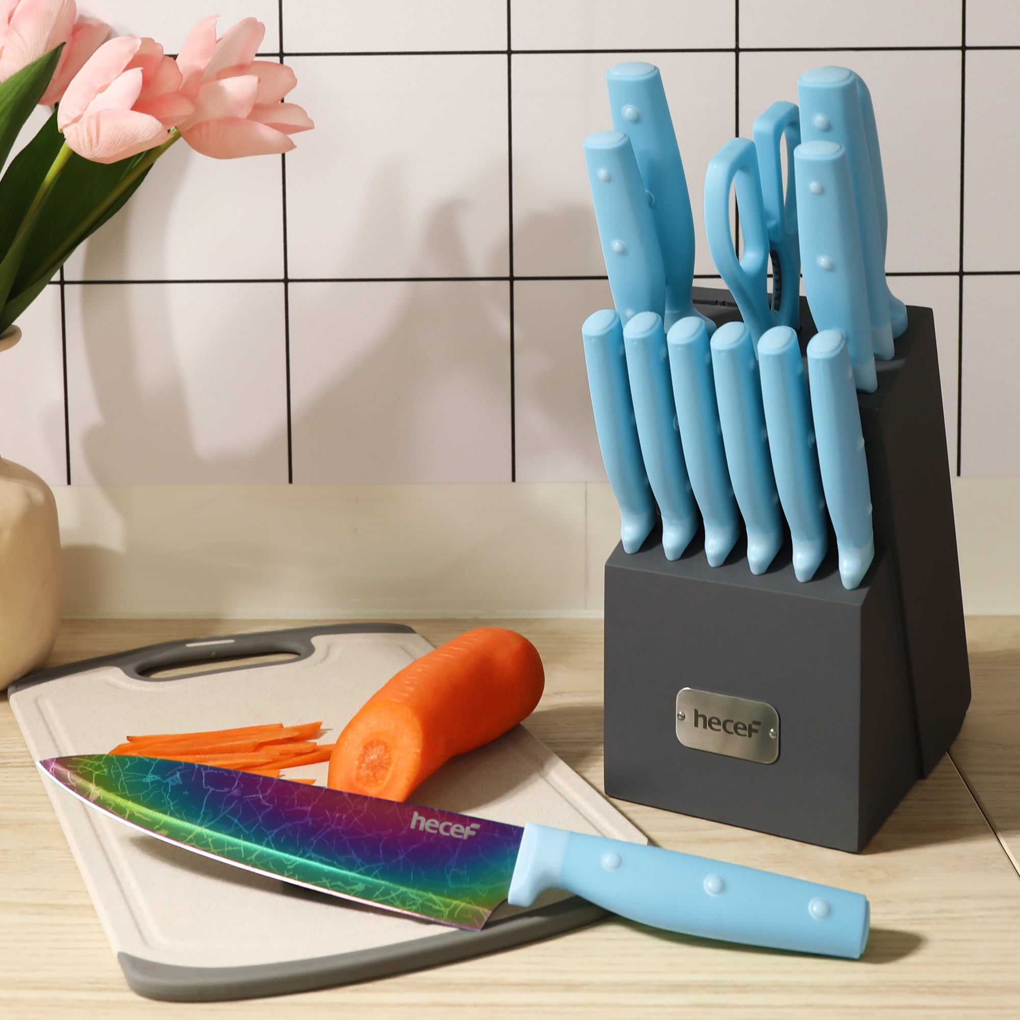 Hecef 14 Pieces Knife Set with Wooden Block, Rainbow Titanium Coated Chef Steak Knife,Sharpener