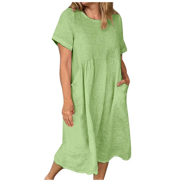 GYUJNB Robe Maxi d'Été en Coton et Lin pour Femme, Décontractée, à Manches Courtes, Col Ras du Cou, Longue, Coupe Ample, Robes pour Femmes avec Poches