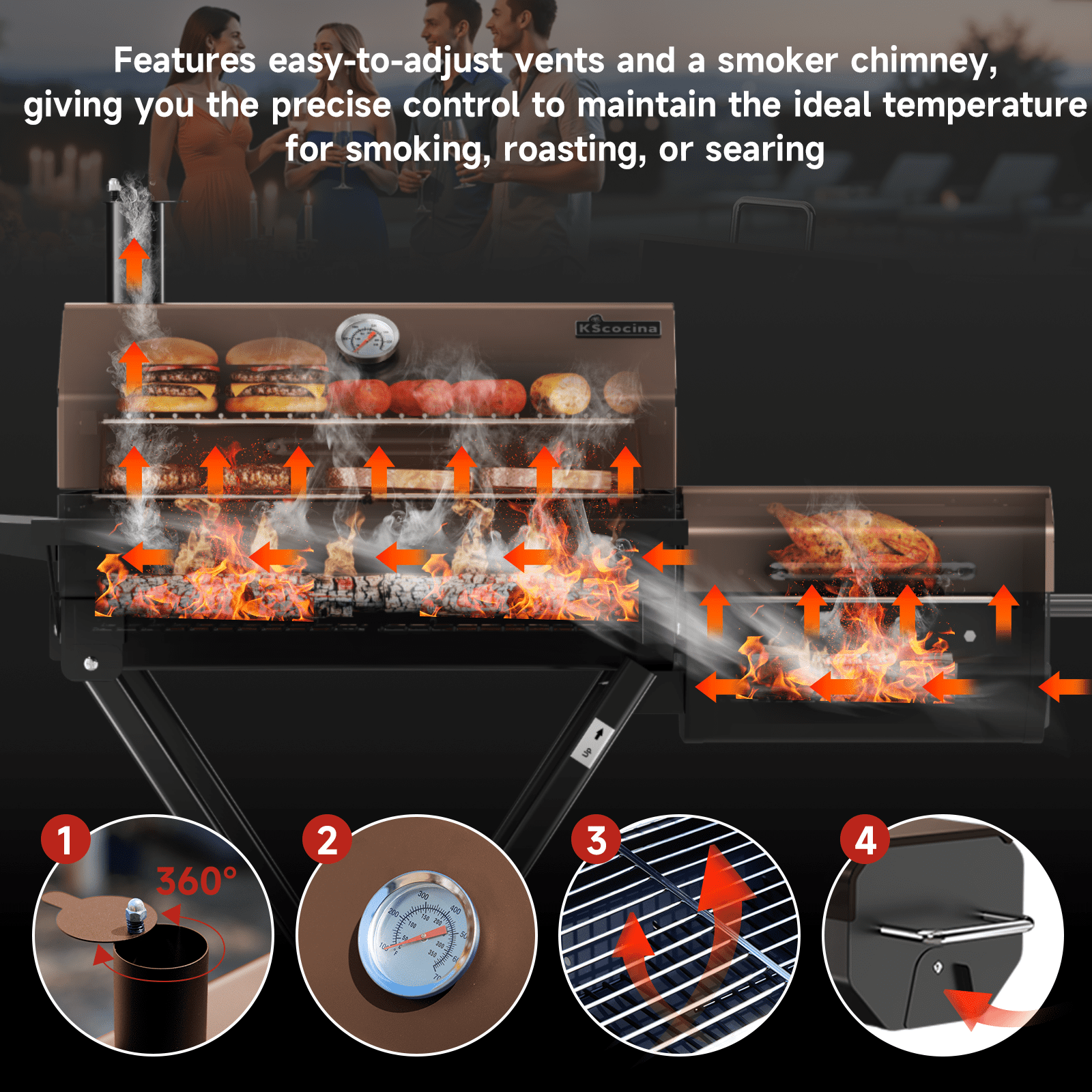 KScocina Barrel Charcoal Grill with Offset Smoker, 2-in-1 Foldable Suitcase BBQ Combo, 600 sq. in. with Waterproof Cover, for Outdoor Grilling and Backyard Cooking,Brown