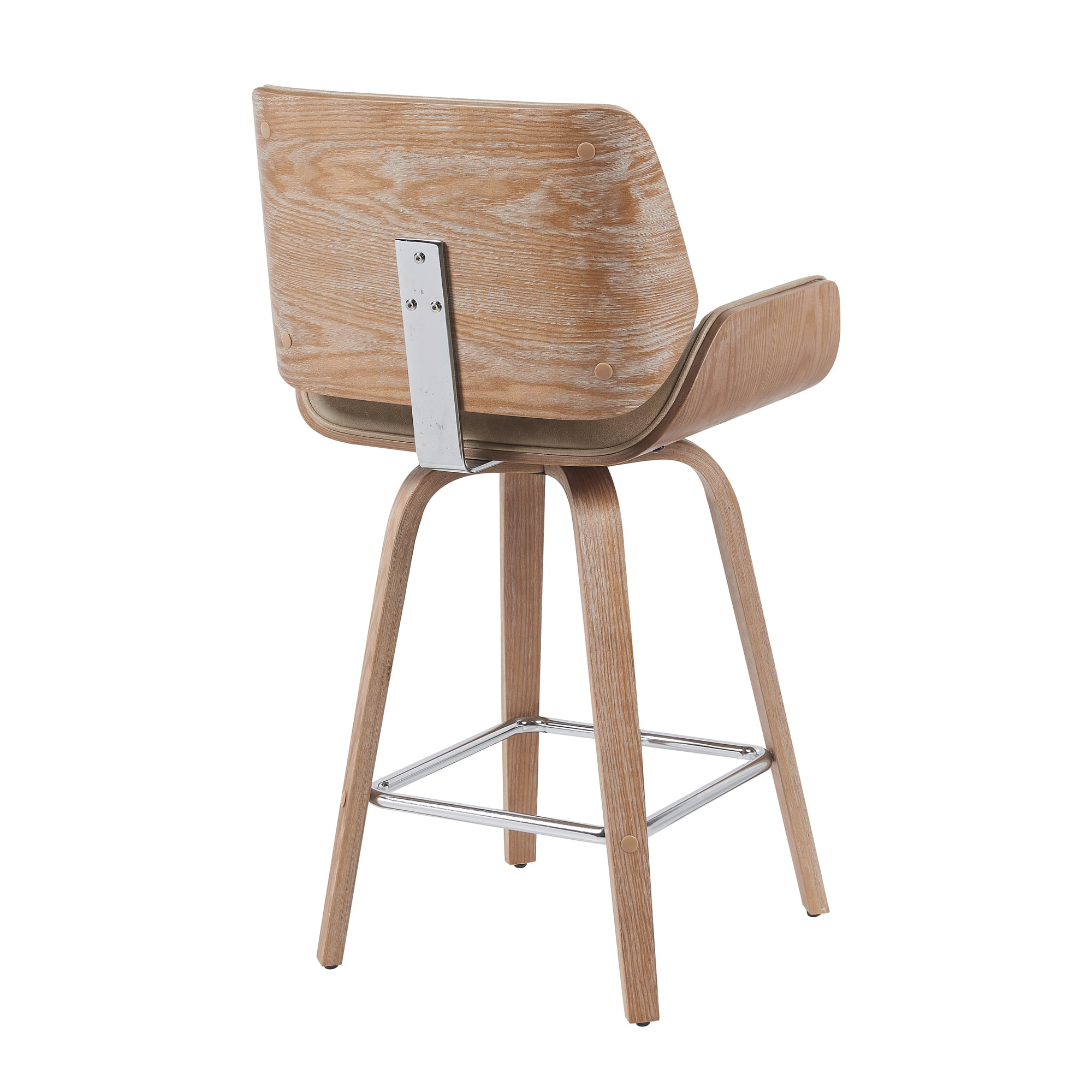 Tyler Modern Counter Height Swivel Bar Stool with White Wash Finished Wood and Vintage Brown Upholstery